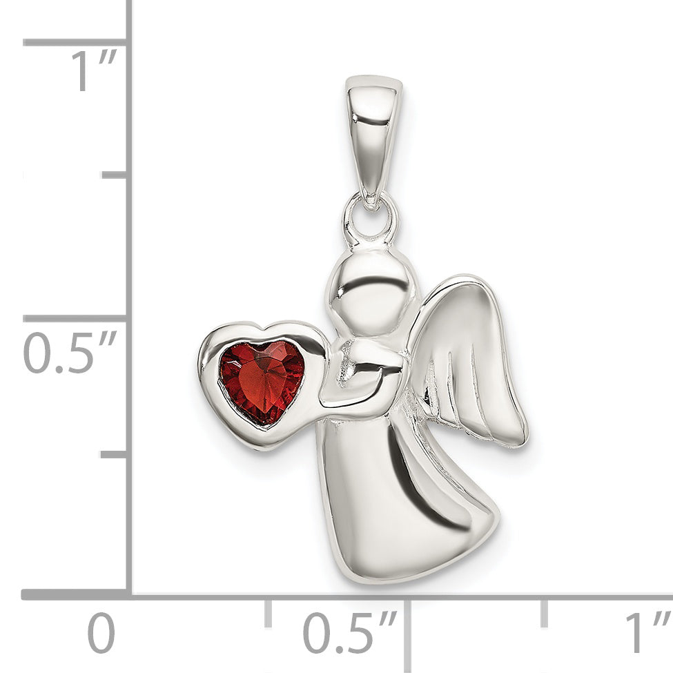 Sterling Silver Angel w/Dark Red CZ Heart Pendant