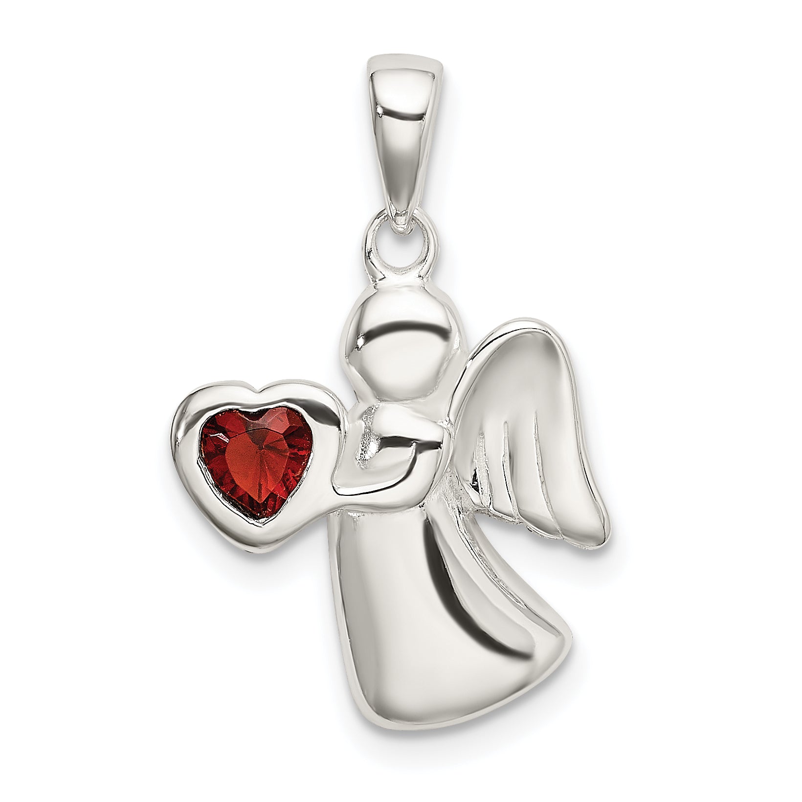 Sterling Silver Angel w/Dark Red CZ Heart Pendant