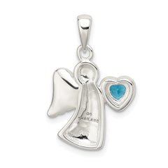 Sterling Silver Angel w/Blue CZ Heart Pendant