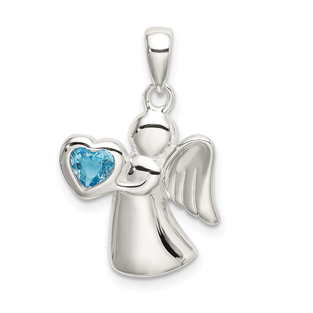 Sterling Silver Angel w/Blue CZ Heart Pendant