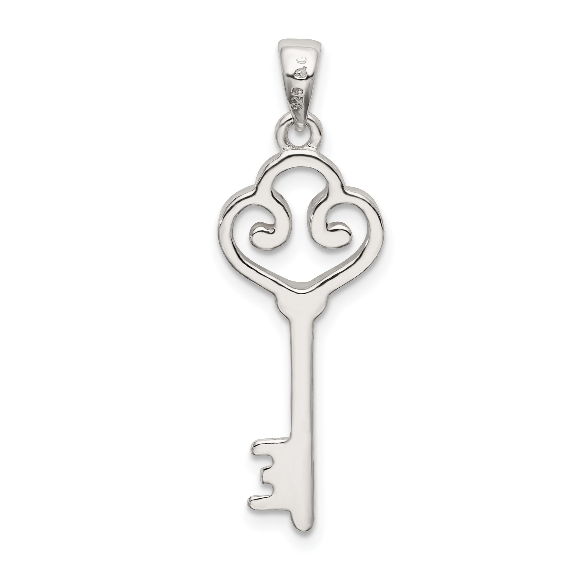 Sterling Silver 925 Heart Key Pendant with Polished Anti-Tarnish Finish