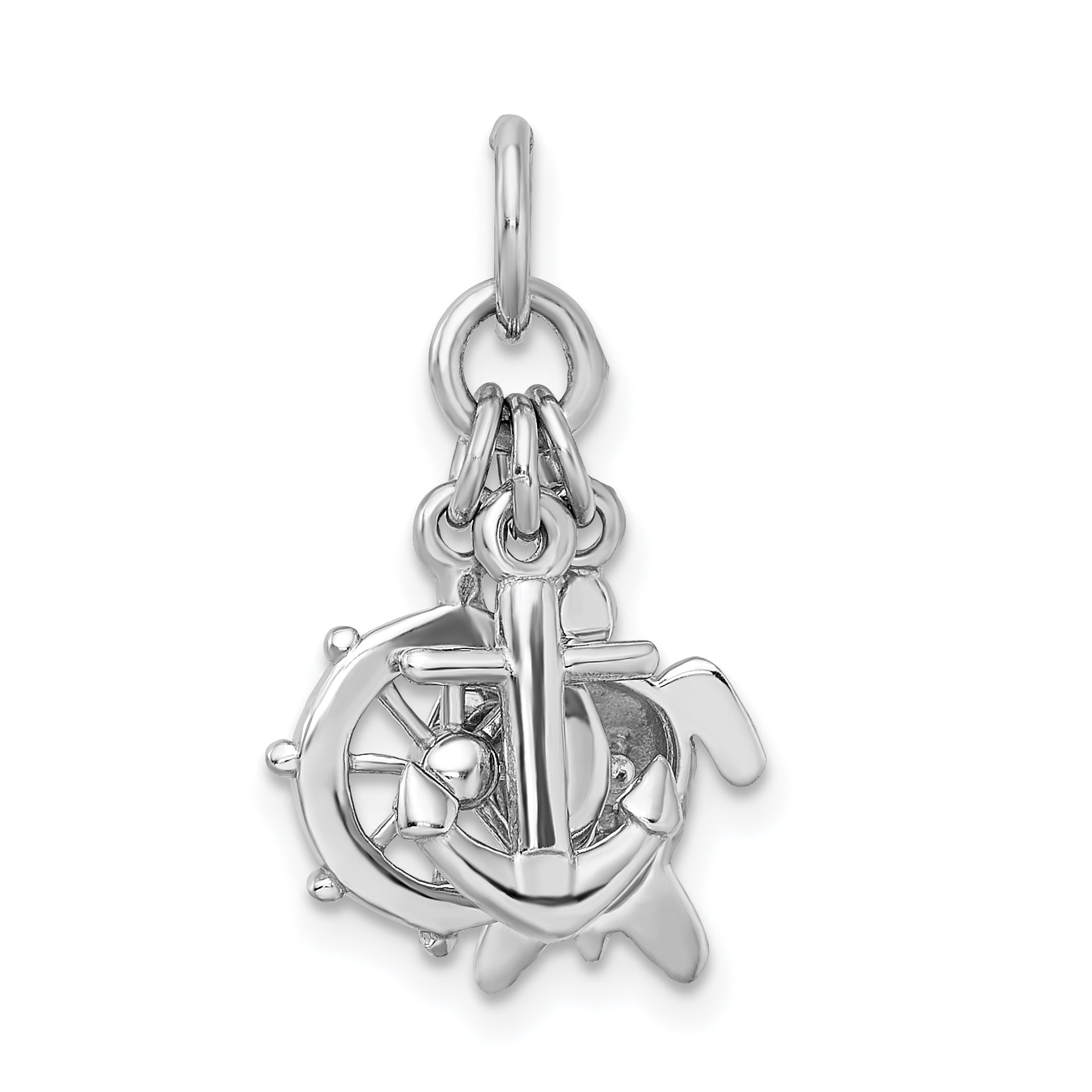 Sterling Silver Rhodium-plated Antiqued Turtle, Anchor & Wheel Charm