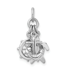 Sterling Silver Rhodium-plated Antiqued Turtle, Anchor & Wheel Charm