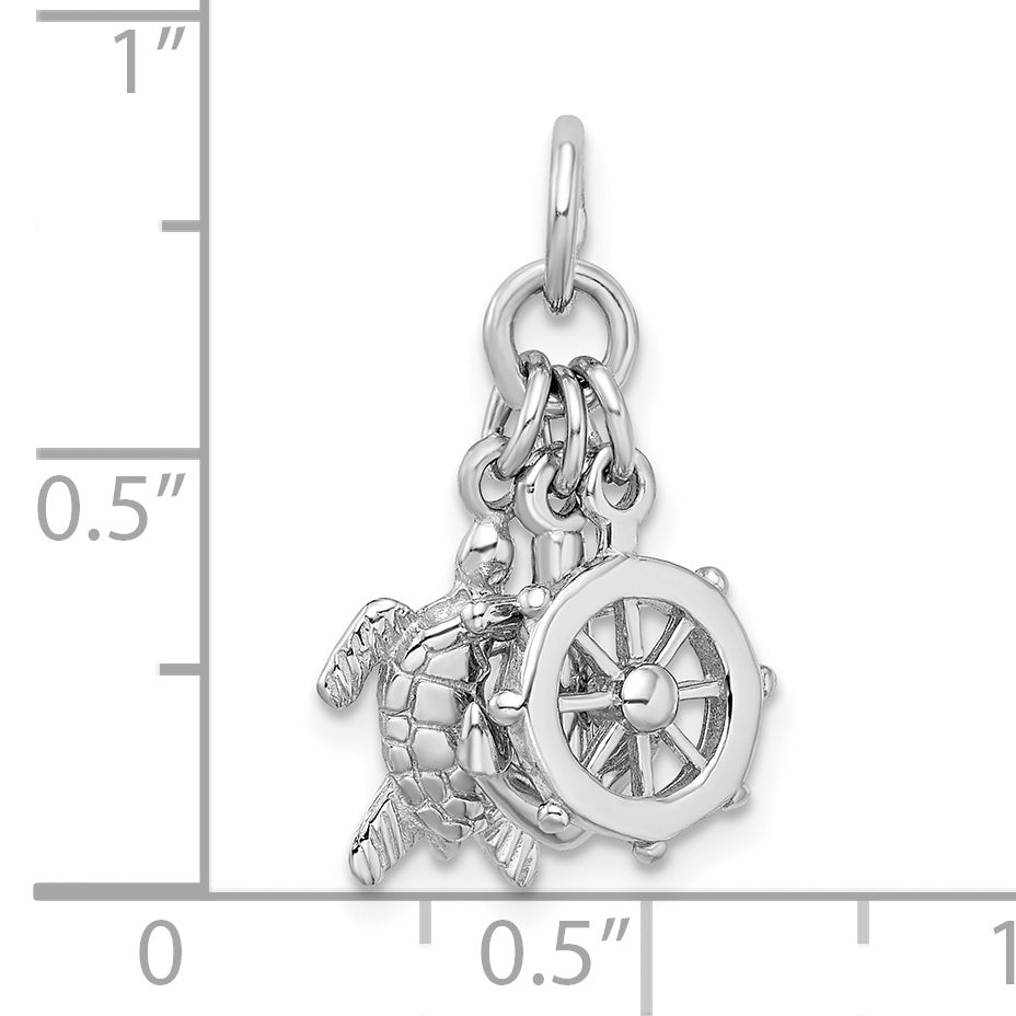 Sterling Silver Rhodium-plated Antiqued Turtle, Anchor & Wheel Charm