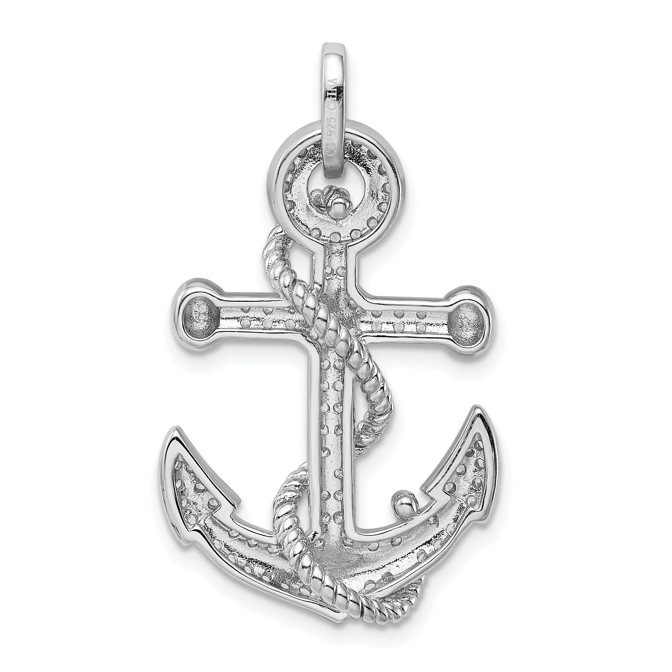 Sterling Silver 925 CZ Anchor Pendant with Polished Rhodium Finish