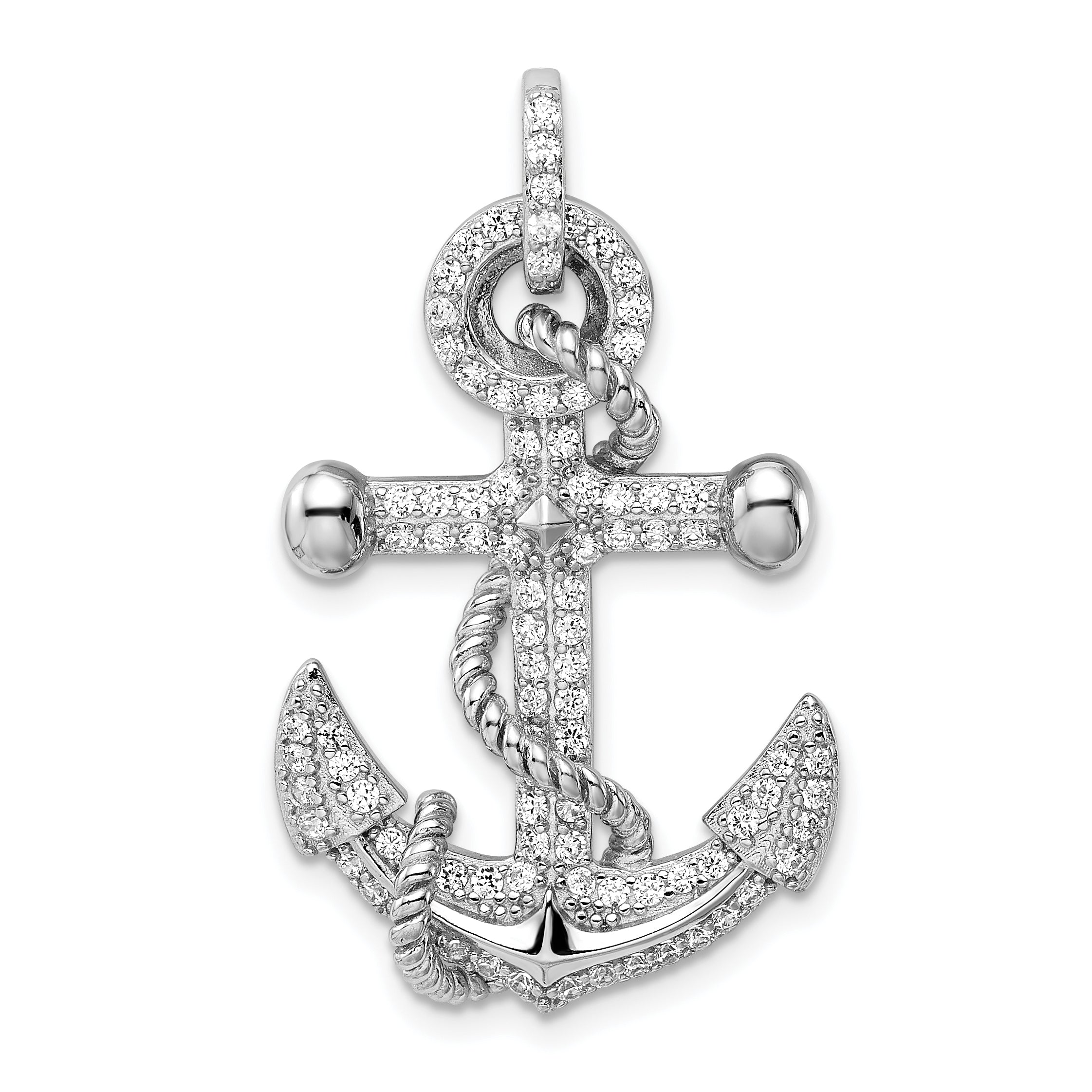 Sterling Silver Rhodium-plated CZ Anchor Pendant