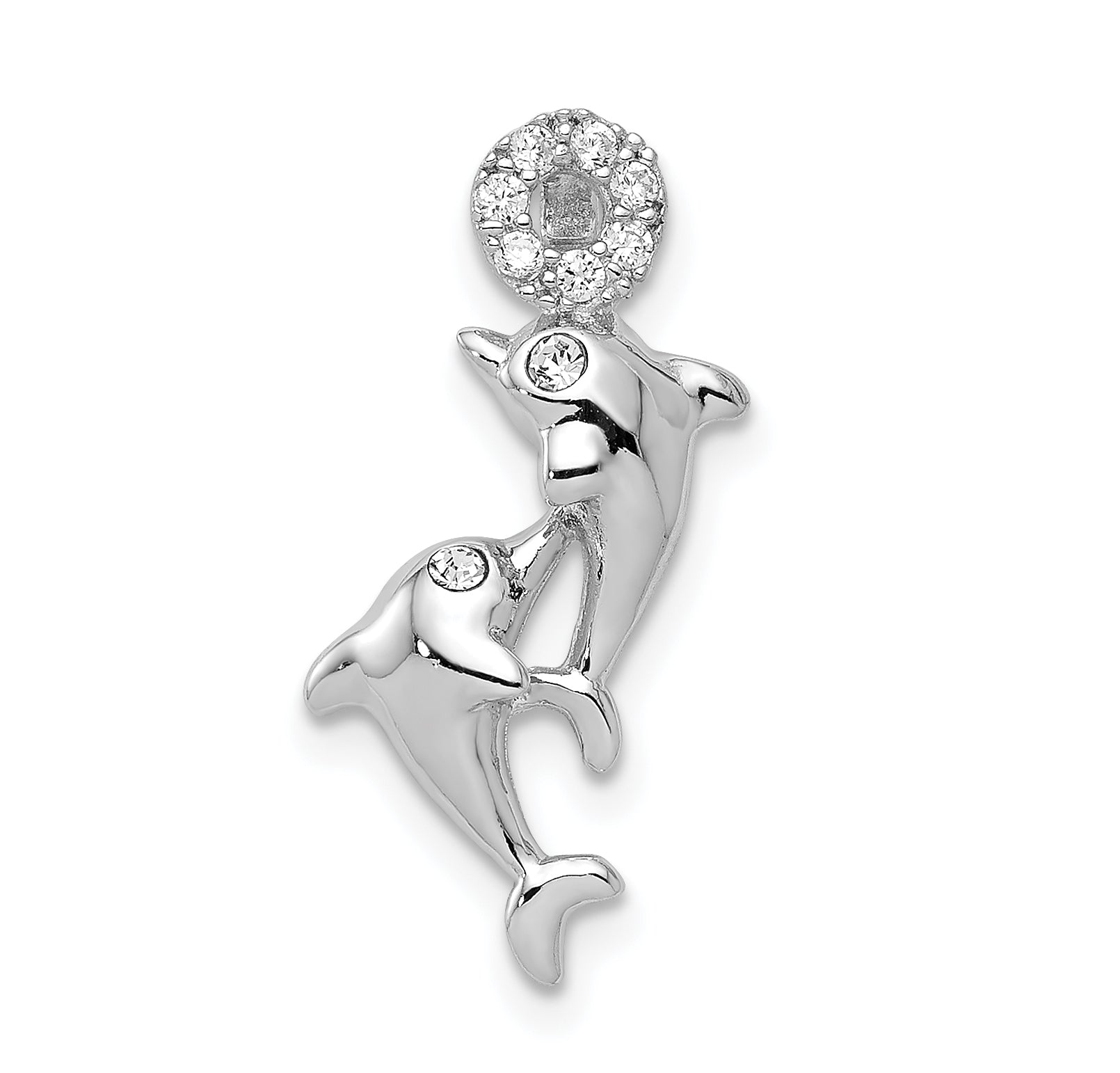 Sterling Silver Rhodium-plated Crystal Dolphins Chain Slide