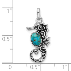 Sterling Silver Rhodium/Oxidized Recon. Turquoise Seahorse Pendant