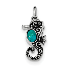 Sterling Silver Rhodium/Oxidized Recon. Turquoise Seahorse Pendant