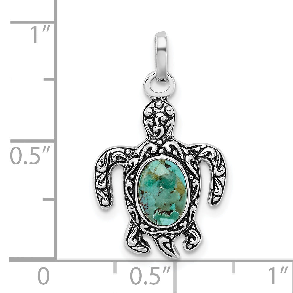 Sterling Silver Rhodium/Oxidized Reconstituted Turquoise Turtle Pendant