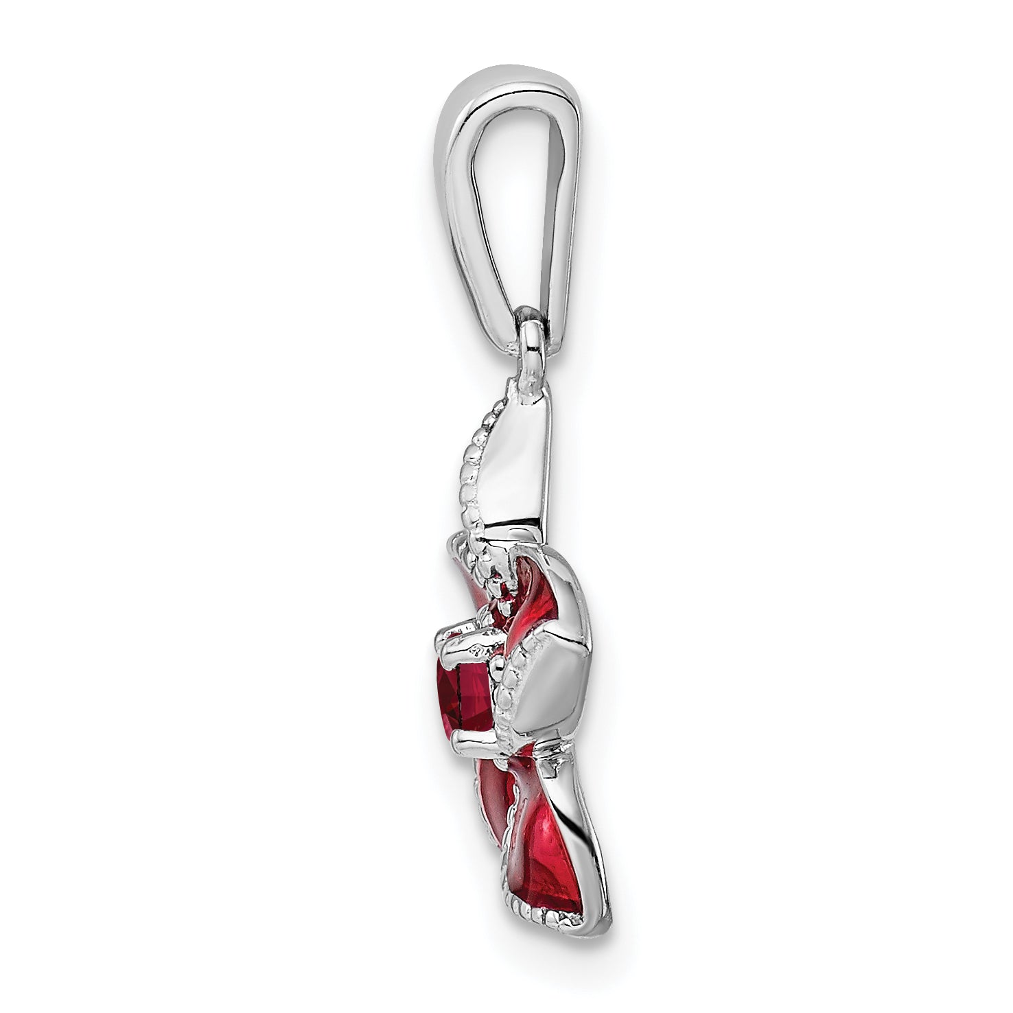 Sterling Silver Ruby Enamel Flower Pendant with Polished Rhodium Finish