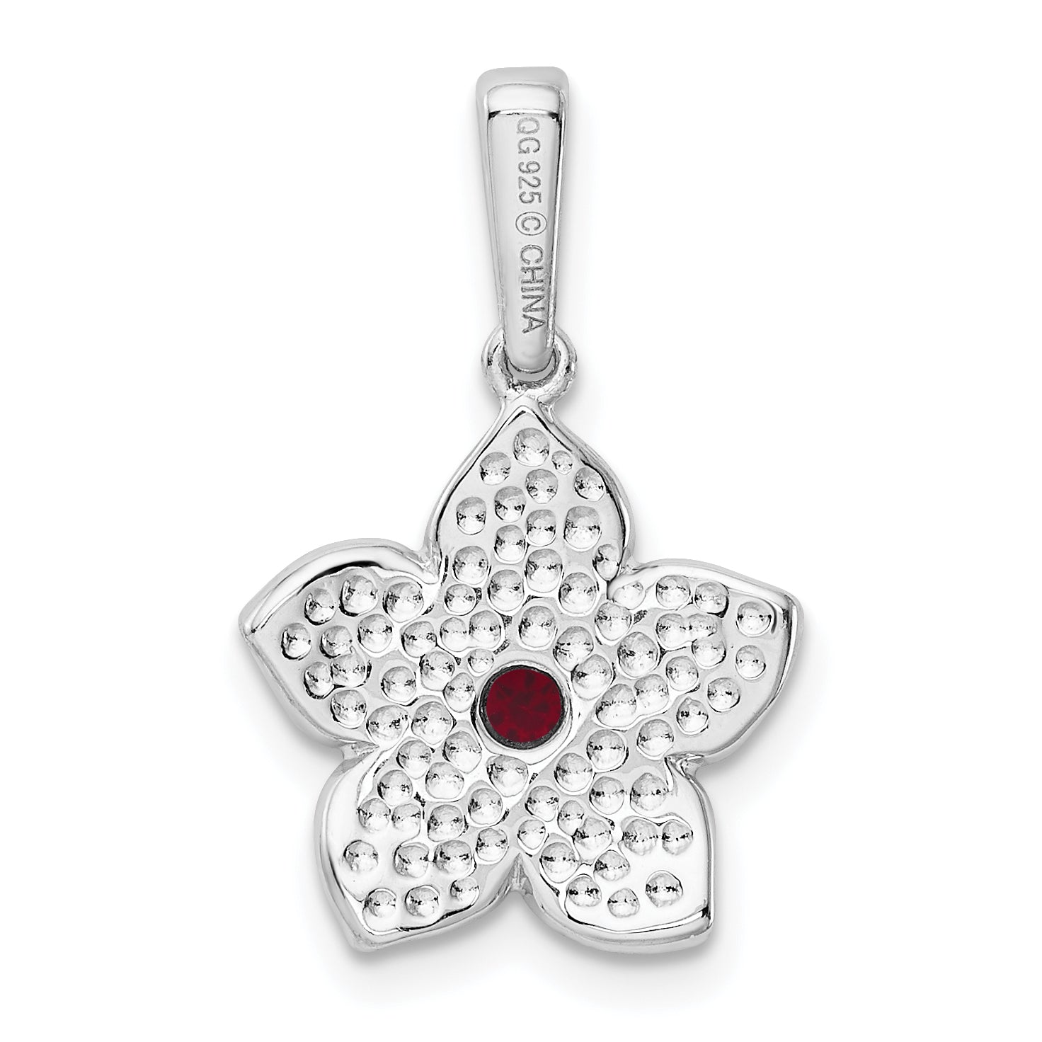 Sterling Silver Ruby Enamel Flower Pendant with Polished Rhodium Finish