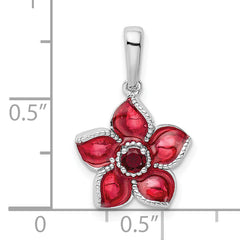 Sterling Silver Ruby Enamel Flower Pendant with Polished Rhodium Finish