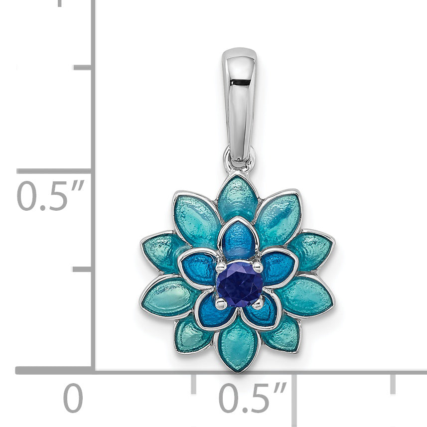 Sterling Silver Created Sapphire and Enamel Flower Pendant