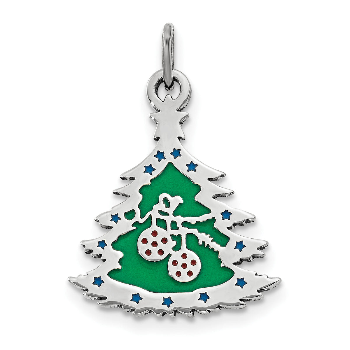 Sterling Silver Polished Green Enameled Christmas Tree Pendant