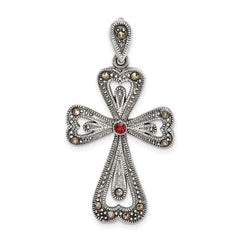 Sterling Silver Antiqued Marcasite and Garnet Cross Pendant