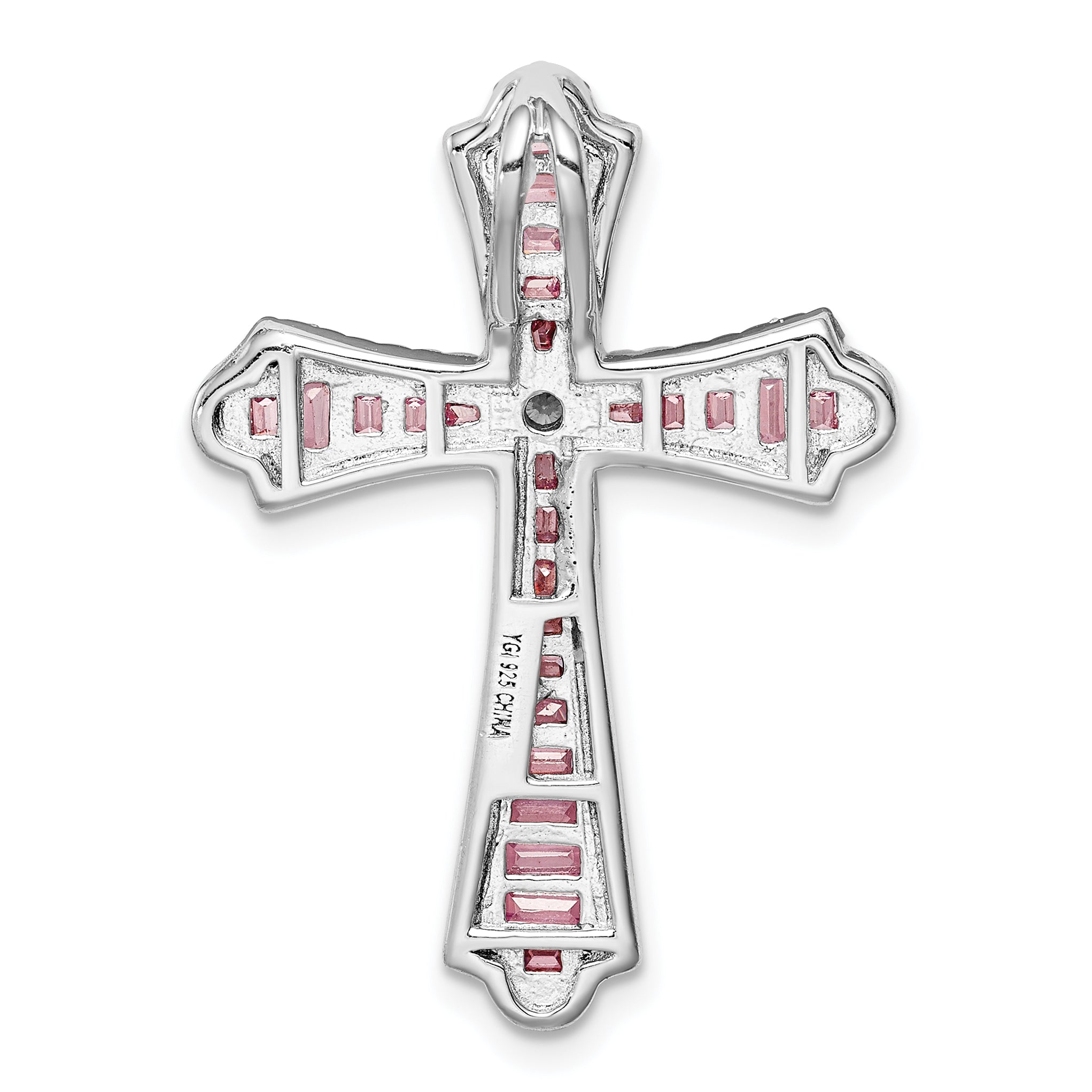 Sterling Silver Rhodium Plated Pink and White CZ Cross Pendant Slide