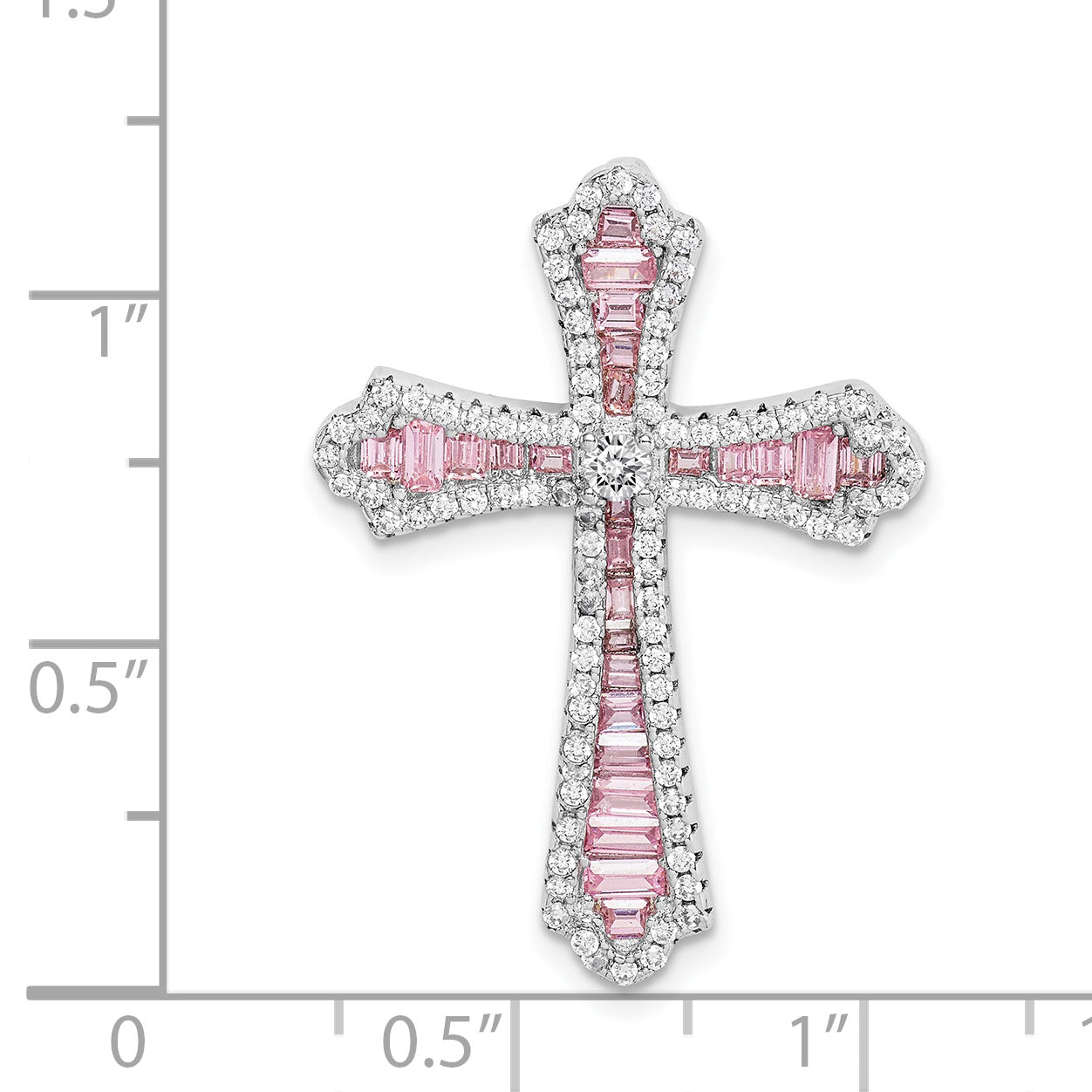 Sterling Silver Rhodium Plated Pink and White CZ Cross Pendant Slide