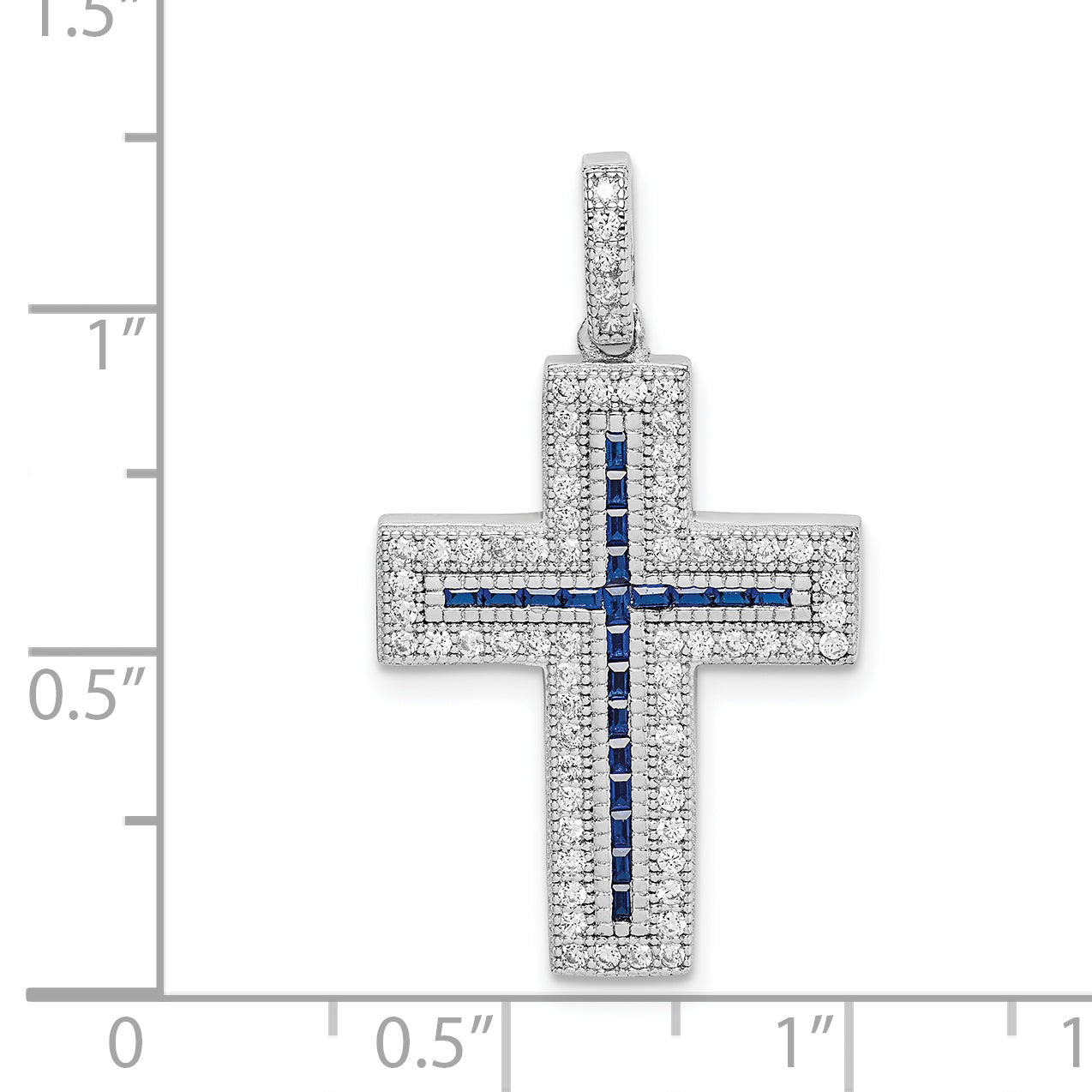 Sterling Silver Rhodium-plated CZ & Lab Cr. Blue Spinel Cross Pendant