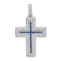 Sterling Silver Rhodium-plated CZ & Lab Cr. Blue Spinel Cross Pendant