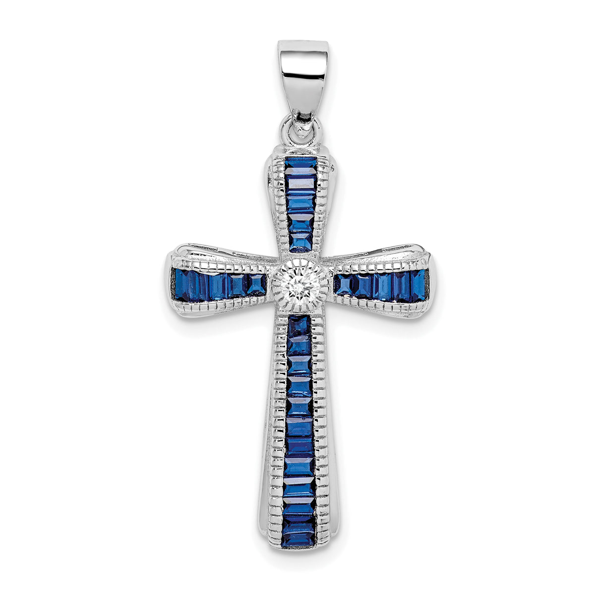 Sterling Silver Rhodium-plated CZ & Lab Cr. Blue Spinel Cross Pendant