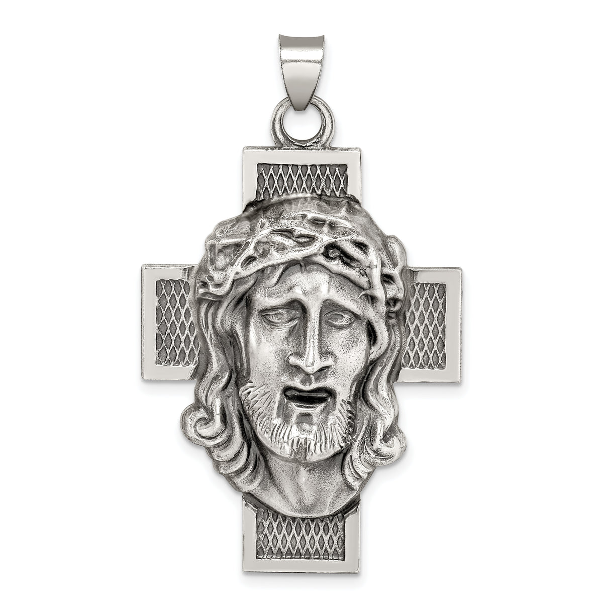 Sterling Silver Hollow Satin Antiqued Jesus Cross Medal