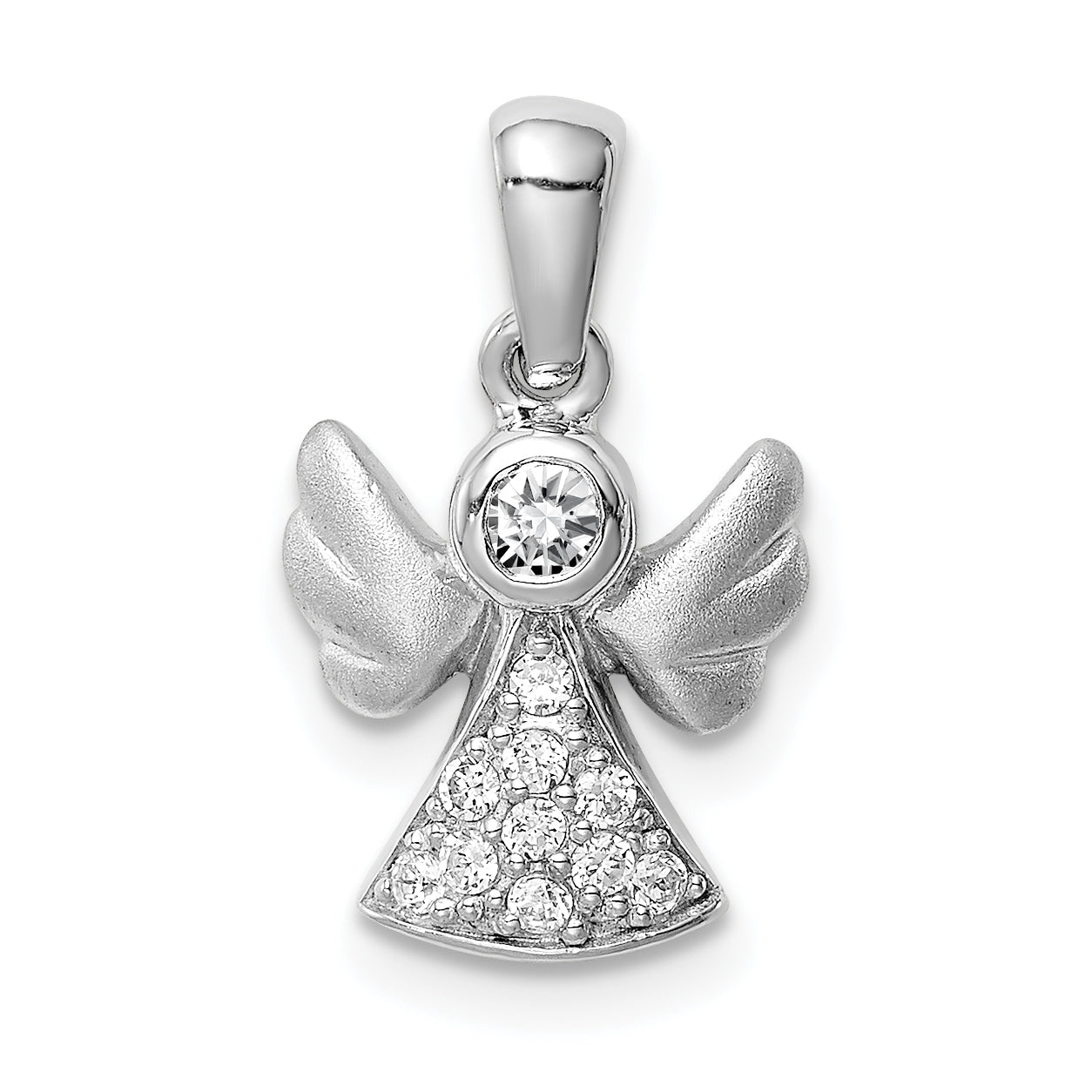 Sterling Silver Rhodium-plated CZ Satin Angel Pendant