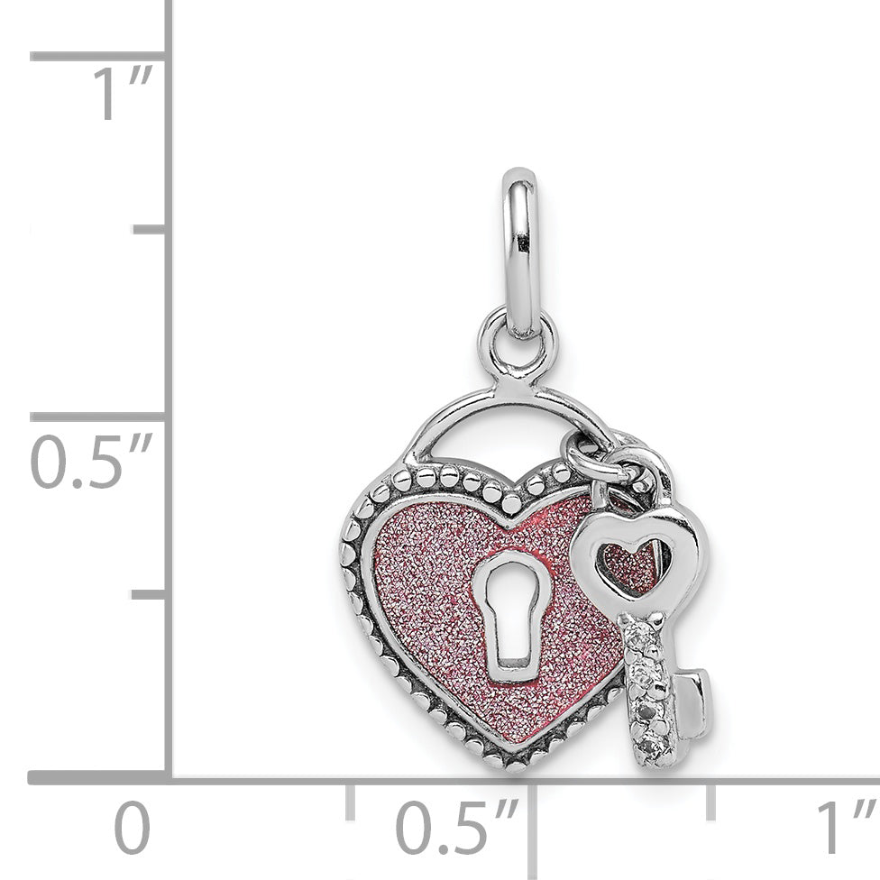 Sterling Silver Rhodium-plated Glitter Infused Heart and Key Pendant