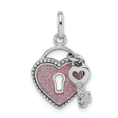 Sterling Silver Rhodium-plated Glitter Infused Heart and Key Pendant