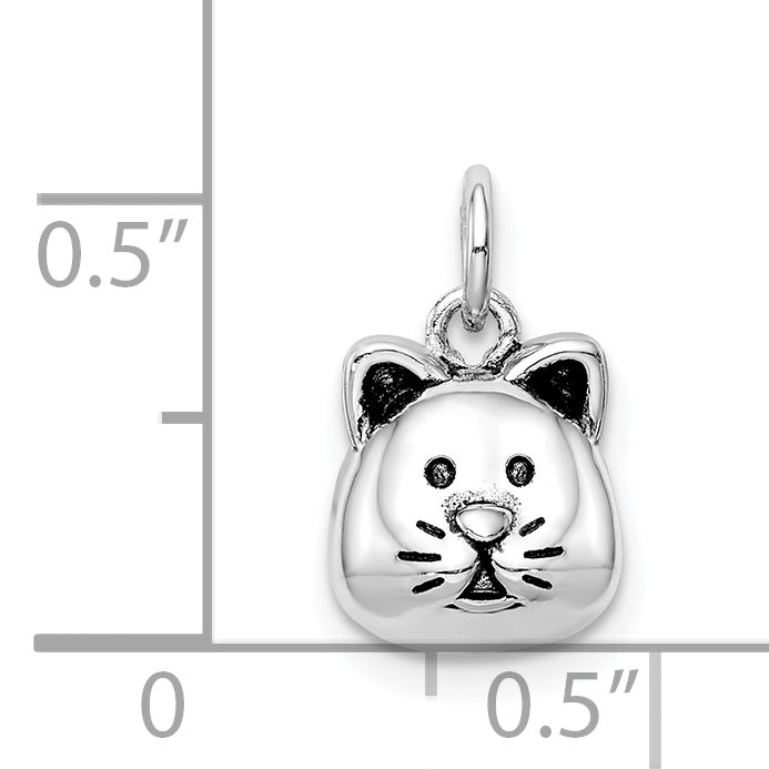 Sterling Silver Rhodium-plated Antiqued Cat Head Pendant