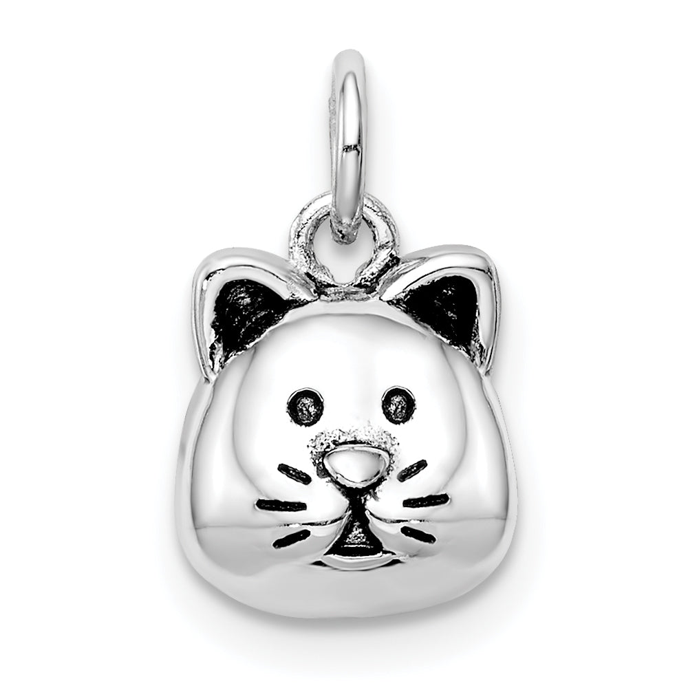 Sterling Silver Rhodium-plated Antiqued Cat Head Pendant