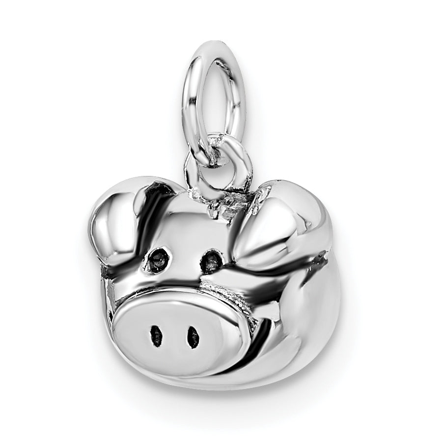 Sterling Silver Rhodium-plated Antiqued Pig Head Pendant