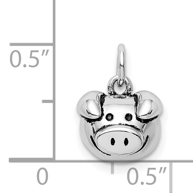 Sterling Silver Rhodium-plated Antiqued Pig Head Pendant