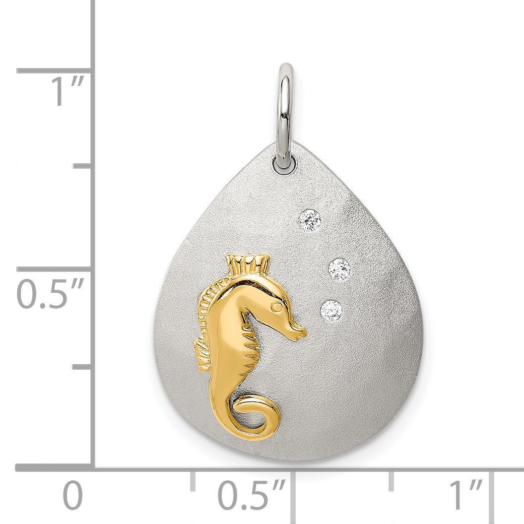 Sterling Silver Gold-Tone CZ Seahorse Brushed Pendant