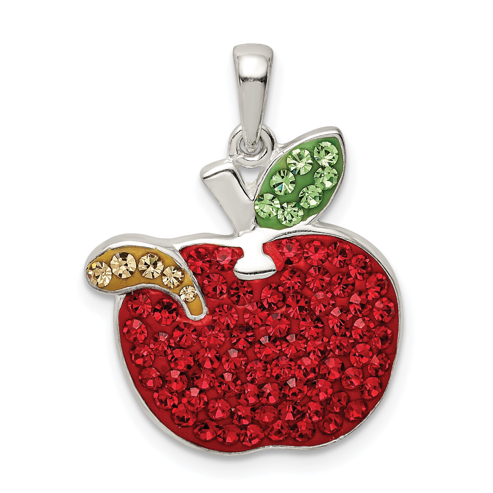 Sterling Silver Rhod-pltd Red Preciosa Crystal Apple w/Worm Pendant