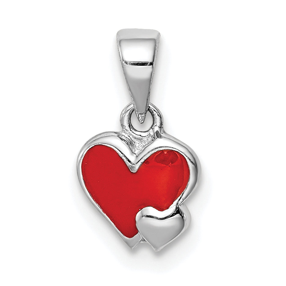 Sterling Silver Rhodium-plated Red Enameled Hearts Children's Pendant