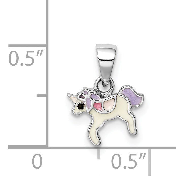 Sterling Silver RH-plated Multi-color Enameled Unicorn Children's Pendant