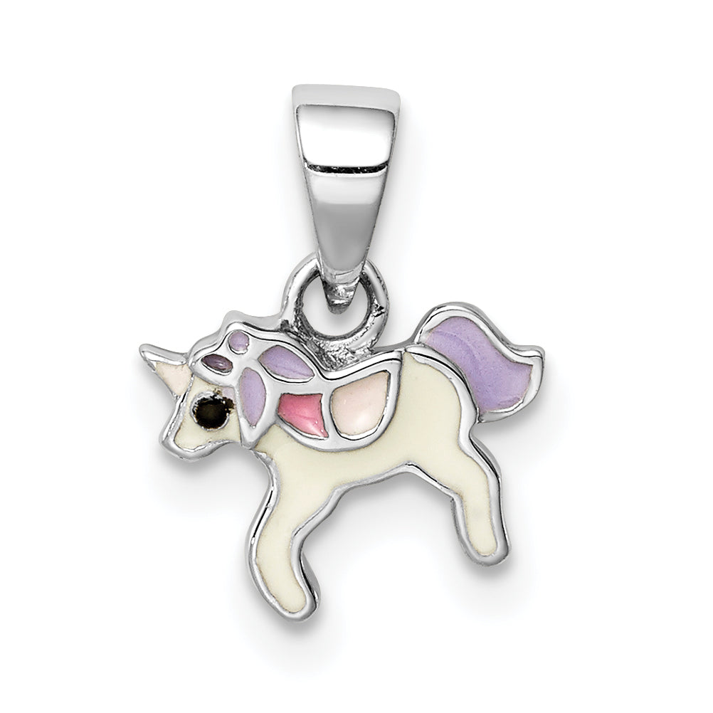 Sterling Silver RH-plated Multi-color Enameled Unicorn Children's Pendant