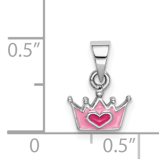 Sterling Silver RH-plated Pink Enameled Heart Crown Children's Pendant