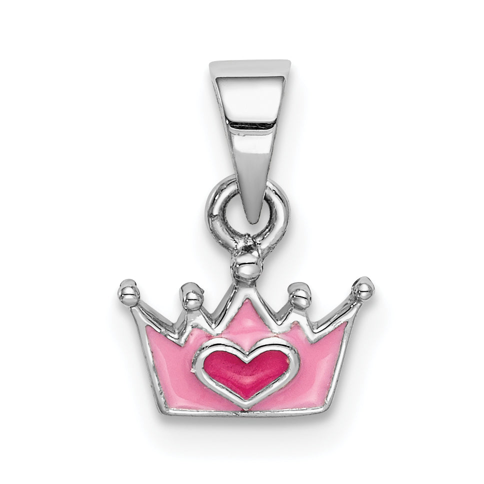 Sterling Silver RH-plated Pink Enameled Heart Crown Children's Pendant