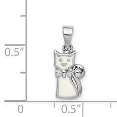 Sterling Silver RH-plated Polished White Enameled Cat Children's Pendant