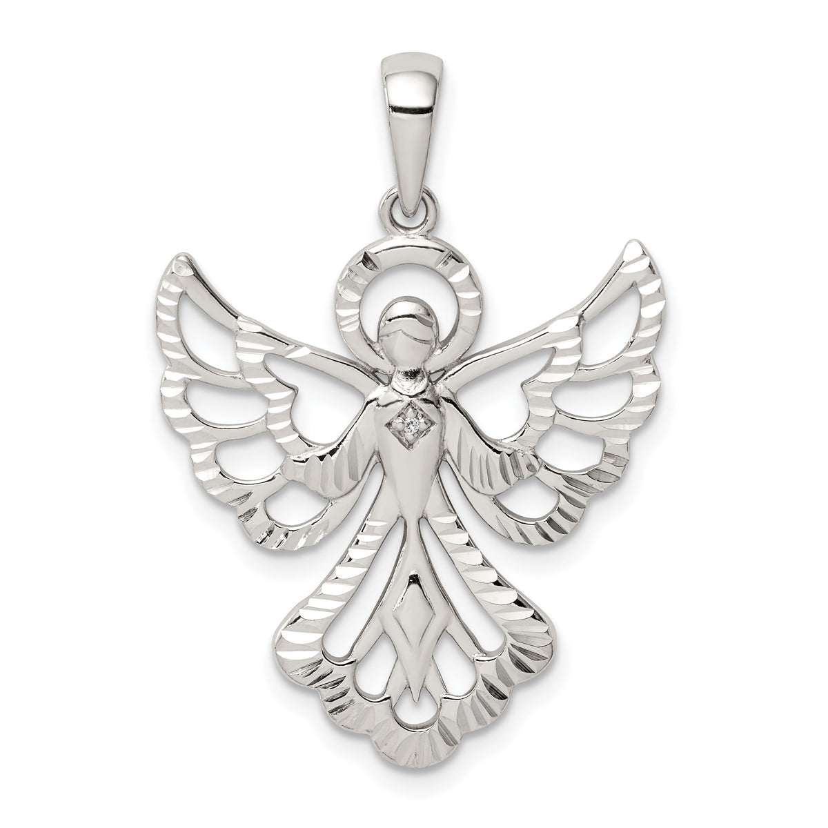 Sterling Silver Diamond & Diamond-cut Angel Pendant