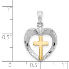 Sterling Silver Rhodium-plated Gold Tone D/C Cross Heart Pendant