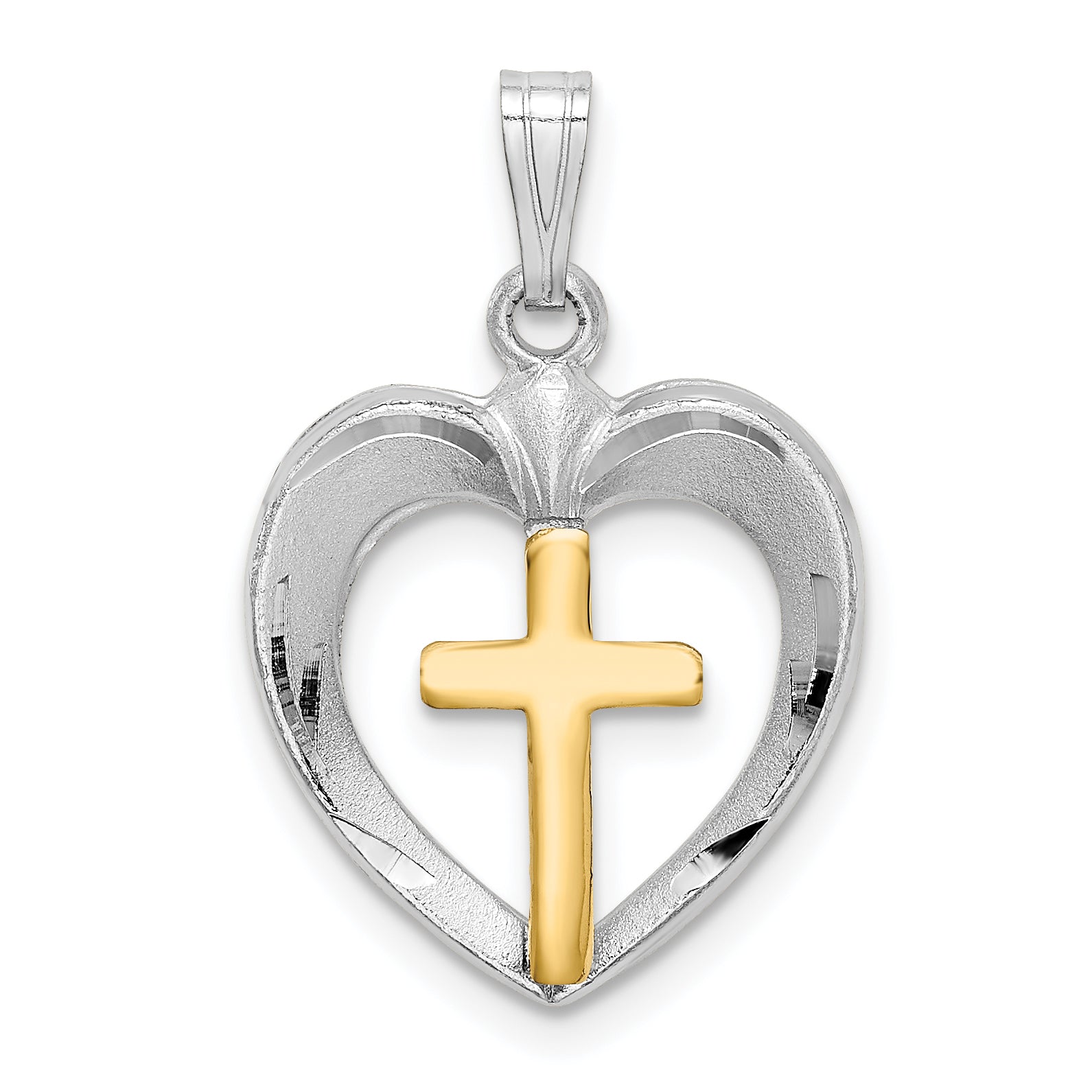 Sterling Silver Rhodium-plated Gold Tone D/C Cross Heart Pendant