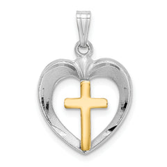 Sterling Silver Rhodium-plated Gold Tone D/C Cross Heart Pendant