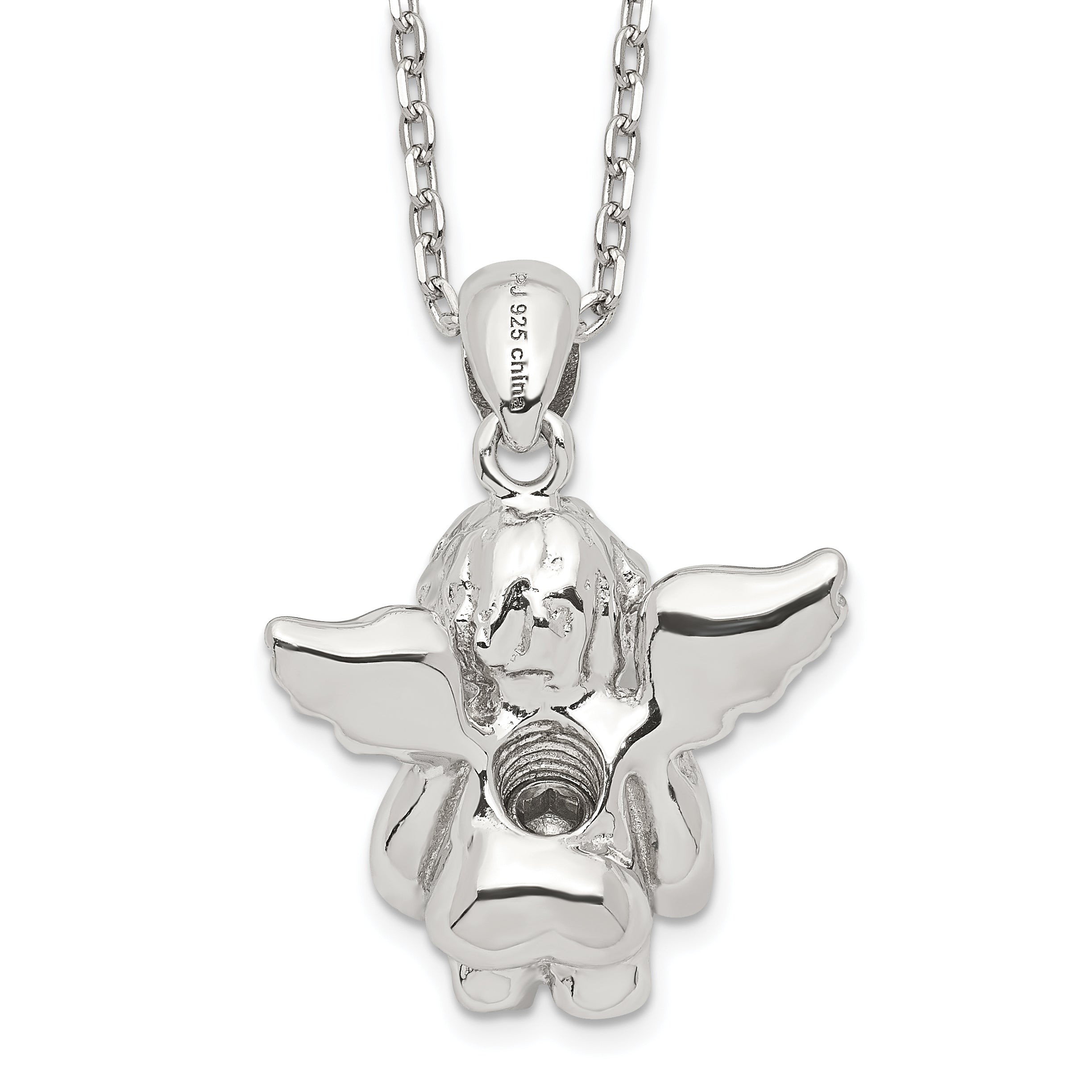 Sterling Silver RH-pltd CZ April Birthstone Angel Ash Holder 18in Necklace