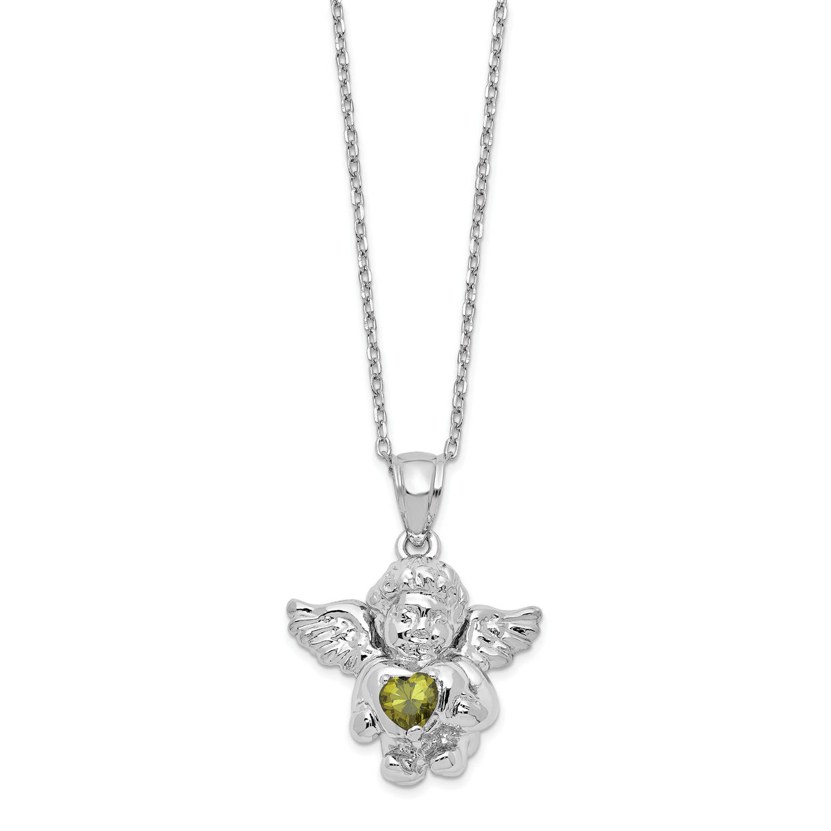 Sterling Silver RH-pltd CZ Aug Birthstone Angel Ash Holder 18in Necklace