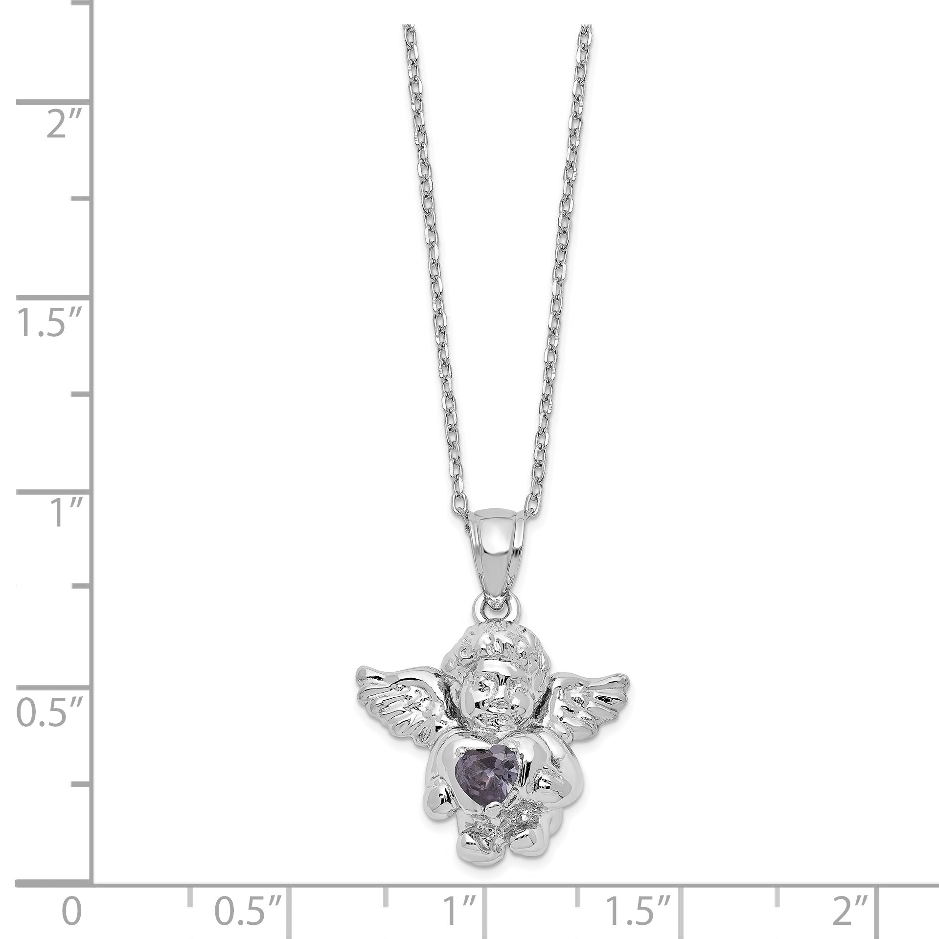 Sterling Silver RH-pltd CZ Feb Birthstone Angel Ash Holder 18in Necklace