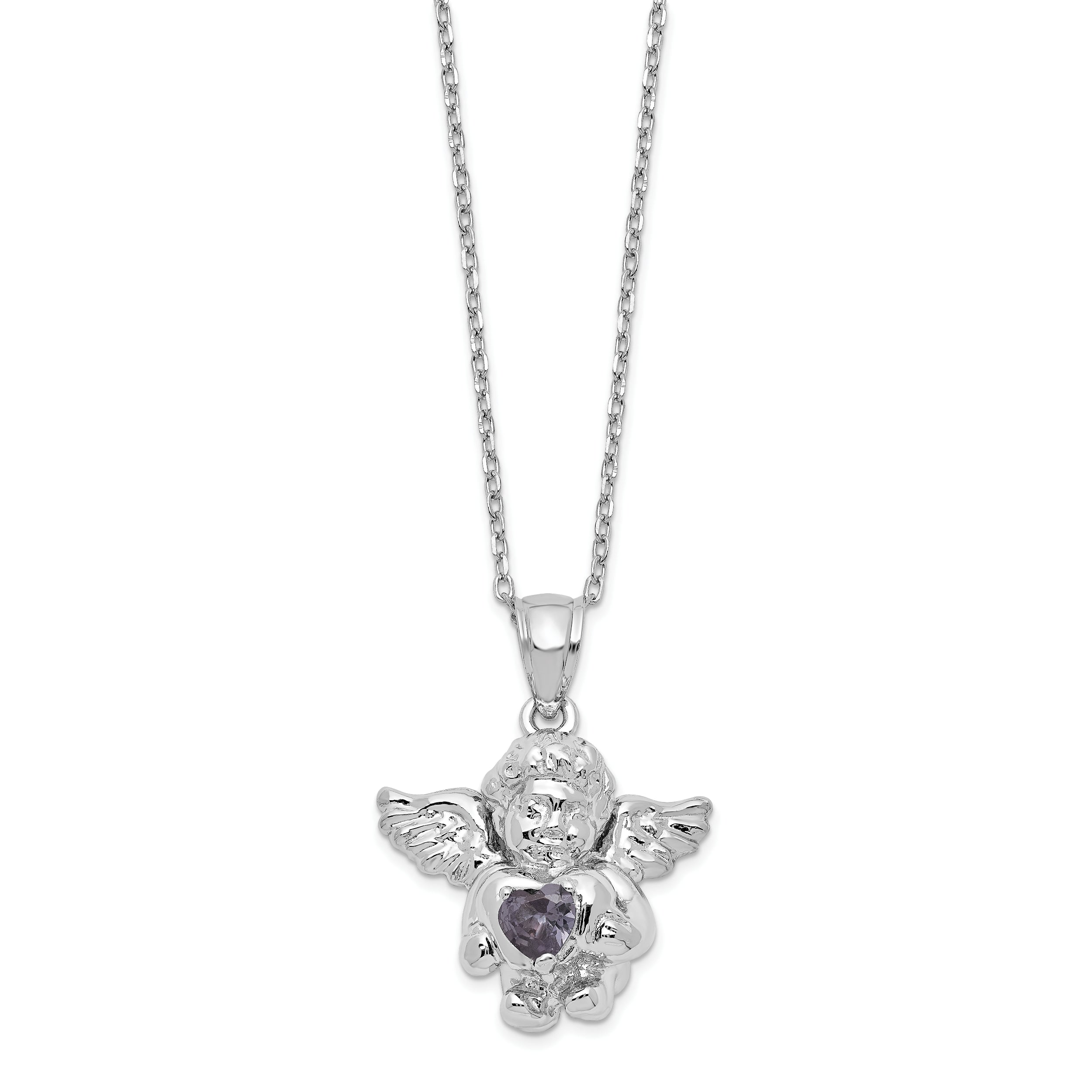 Sterling Silver RH-pltd CZ Feb Birthstone Angel Ash Holder 18in Necklace