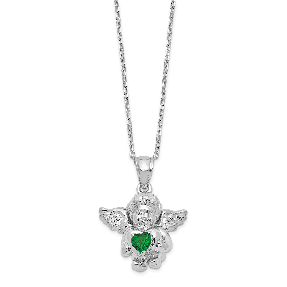 Sterling Silver RH-pltd CZ May Birthstone Angel Ash Holder 18in Necklace